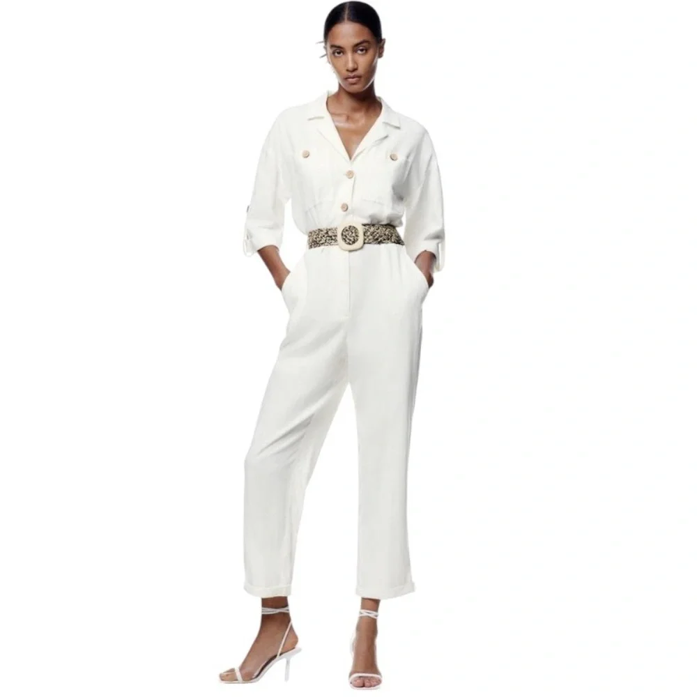 ZARA | Women’s Linen Blend Oyster White Jumpsuit Size M